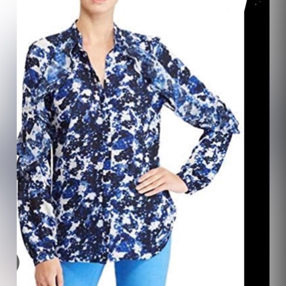 Ralph Lauren size M Blue and White Buttoned Blouse with Mandarin Collarsize M